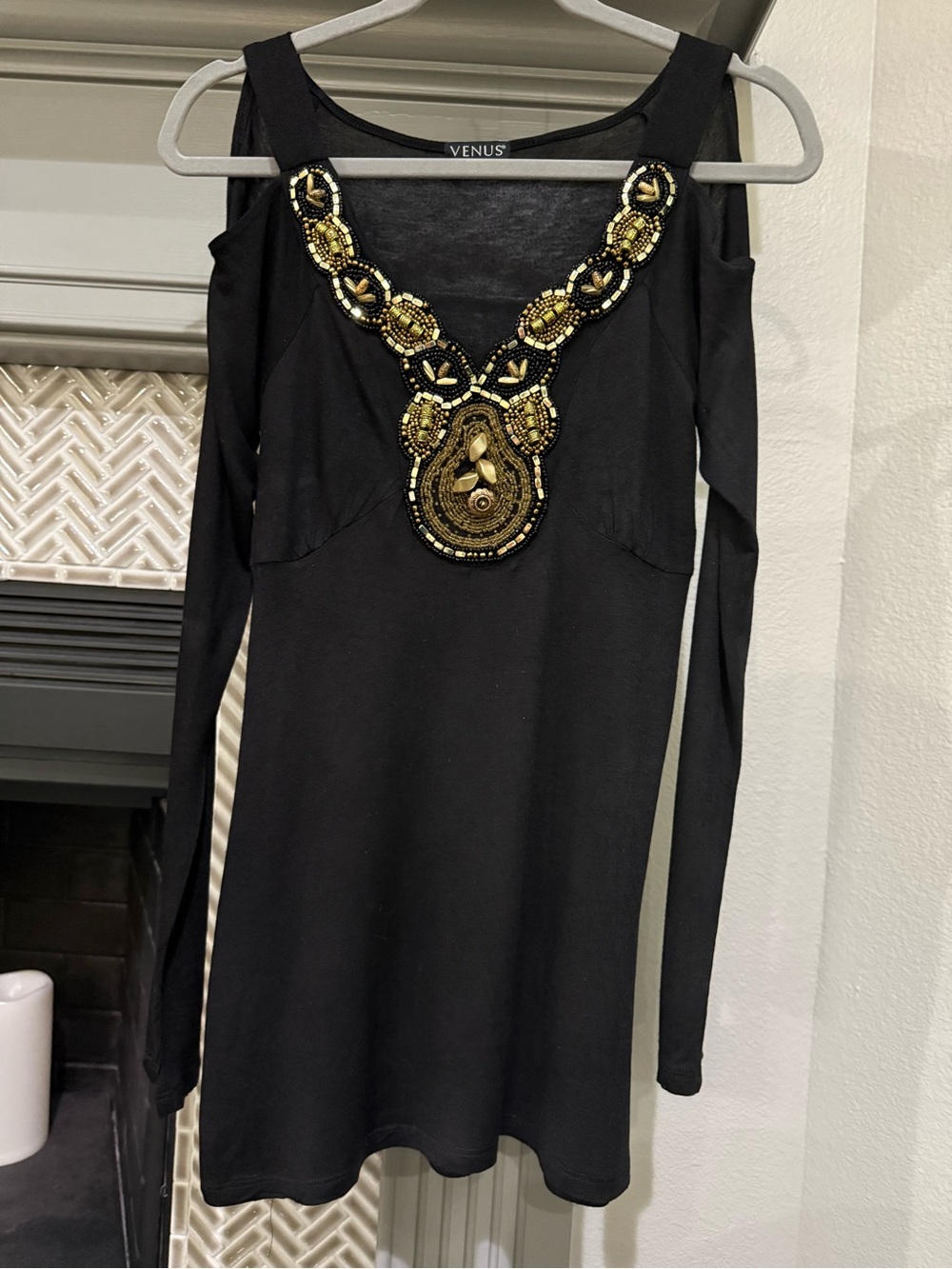VENUS Black Long-Sleeve Cold-Shoulder Top with Gold Beaded Neckline